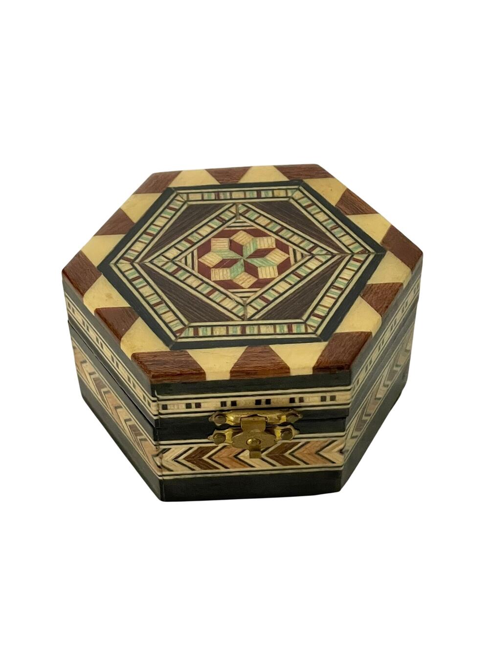 Vintage Marquetry Hexagonal Trinket Box Wood Inlay Taracea Granada Hinged